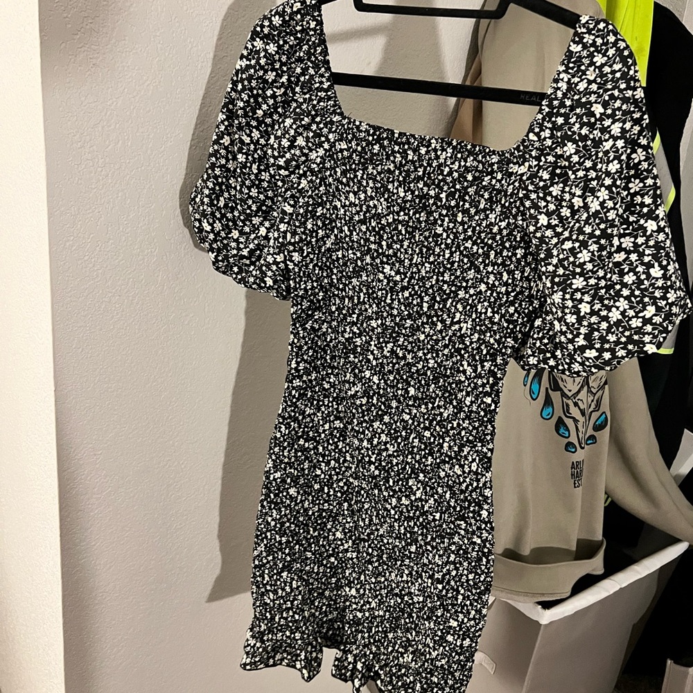 Black and ditsy floral smocked dress